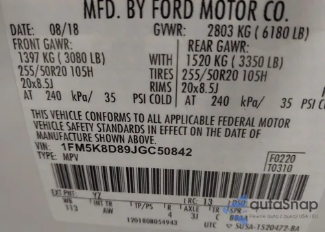 2018 Ford Explorer Xlt z USA, uszkodzony, nr VIN 1FM5K8D89JGC50842